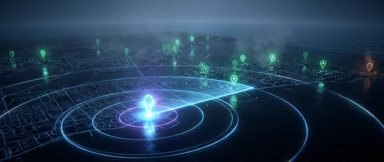 Radar rings sweeping a night city map, glowing pins marking where a business is found
